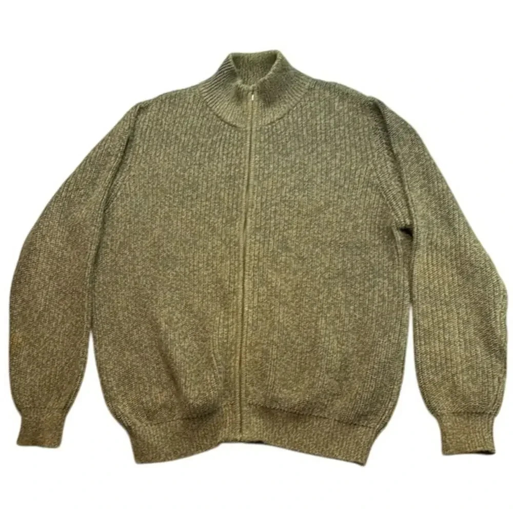 L.L. Bean Men's Full Zip Mock Turtleneck Olive Green Knit Sweater Size Large (L)